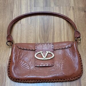 Valentino Cognac Leather Shoulder Clutch with Gold V Emblem